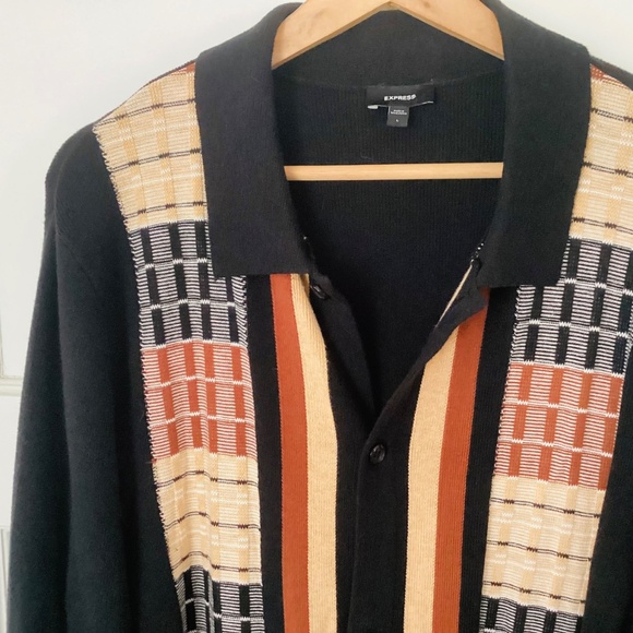 Express Men’s Button Up Collated Sweater Size L Cotton Preppy Brown Black Woven - Picture 5 of 13
